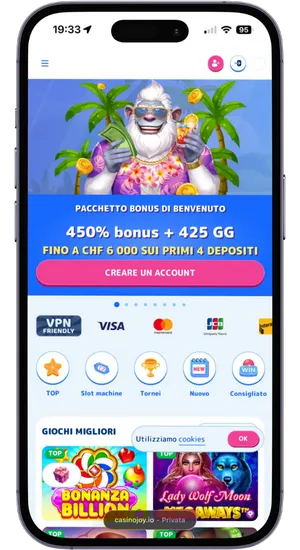 Browser Safari su iPhone con la homepage del casinò e la sezione dell’app Big Bass Bonanza