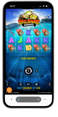 Demomodus van Big Bass Bonanza met de spelinterface en virtuele credits
